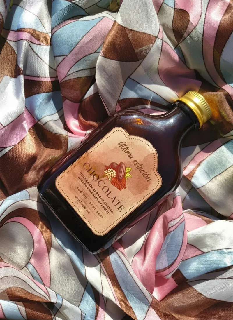 Licor artesanal de chocolate de Última Estación en vista lateral, con la etiqueta a la vista