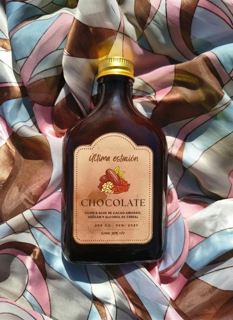 Botella de licor artesanal de chocolate de Última Estación, cremoso y con cacao amargo